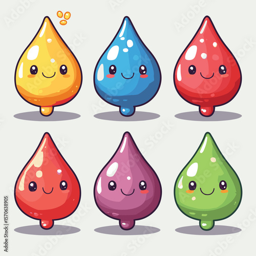 Water Drop Cartoon Mascot Characters Set Collection 6, vector style simple color