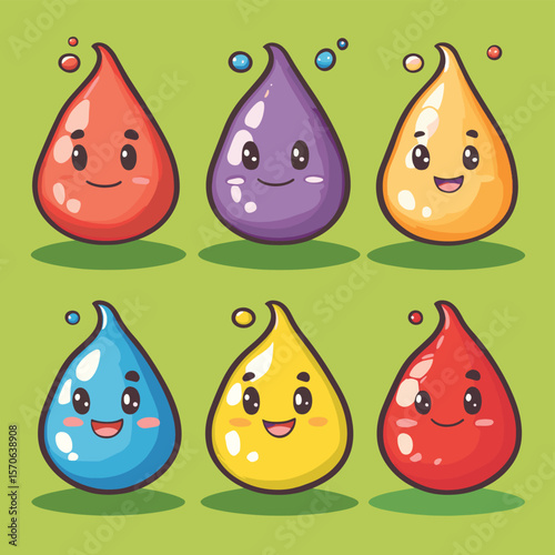 Water Drop Cartoon Mascot Characters Set Collection 6, vector style simple color