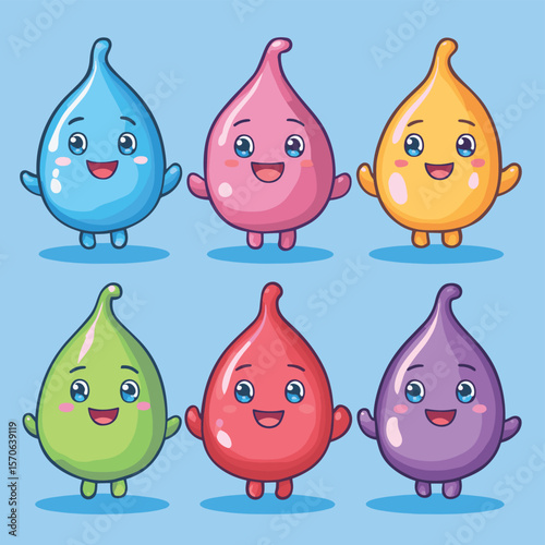Water Drop Cartoon Mascot Characters Set Collection 6, vector style simple color