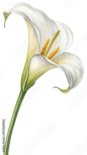 Realistic Watercolor White Calla Lily Bloom with Green Stem