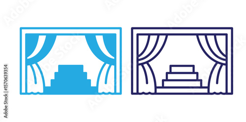 Two simple, outlined stage illustrations with blue and dark blue colors portray theatrical performance spaces with curtains and steps.