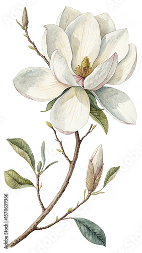 Watercolor Illustration White Magnolia Flower Bud and Leaves