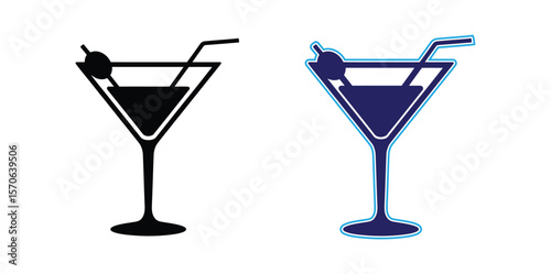 Cocktail icon, Drink icon vector for web.Water glass icon vector set in blue and back flat outline. Tall milk drink glass line pictogram. Stock vector