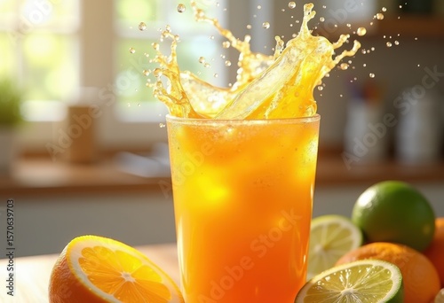 vibrant citrus juice splashing glass refreshing colorful beverage liquid energetic fruit explosion, orange, lemon, lime, squeeze, sweet, drink, farm, ripe