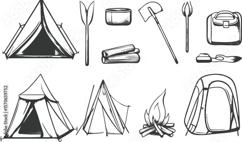 Hand Drawn Camping Icons Set with Tent Fire and Accessories