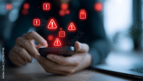 A person holding a smartphone receiving multiple red warning alerts indicating mobile security threats or system errors