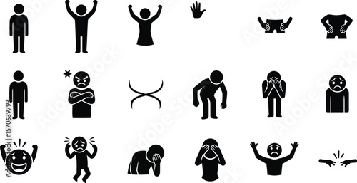 AI generated various emotional states and feelings are represented by simple stick figures isolated on white background