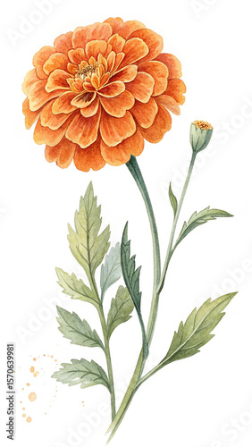 Watercolor Illustration of a Single Orange Marigold Flower with Green Leaves