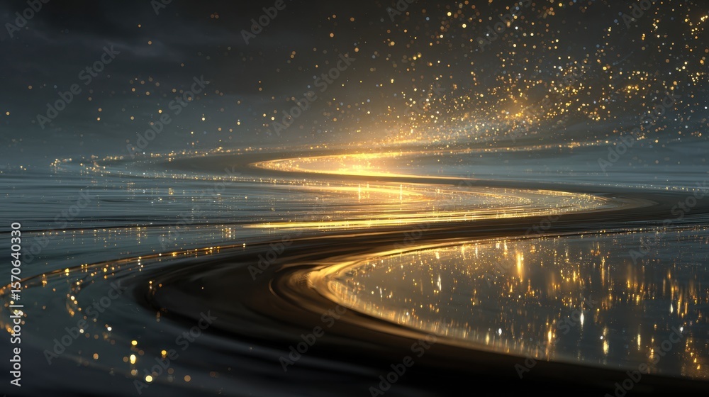 Fototapeta premium Winding path of golden light reflecting on dark water abstract reflection