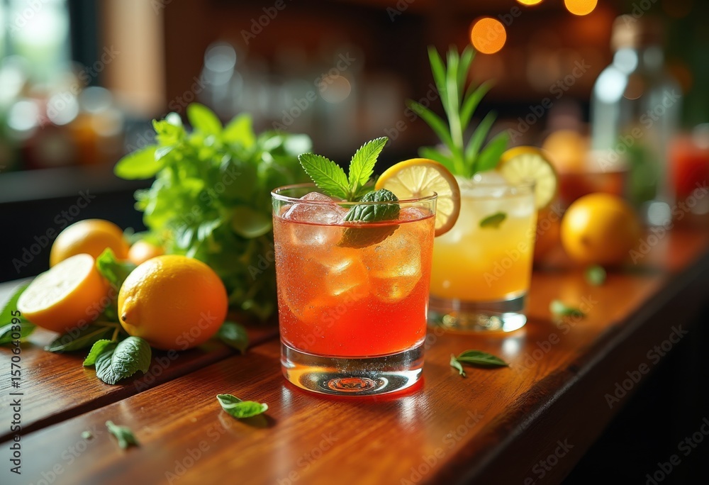 Fototapeta premium vibrant cocktail garnishes bar counter colorful fresh herbs citrus variety garnish luscious drink accents, mojito, daiquiri, margarita, sangria, aperitif