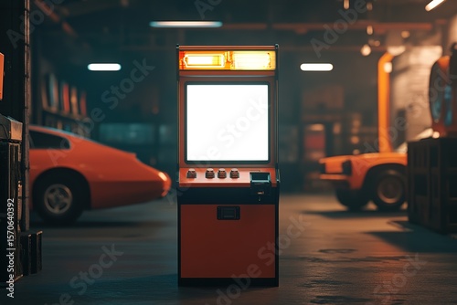 Retro arcade machine in vintage garage setting