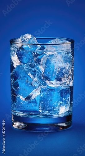 A clear glass filled with ice cubes and sparkling water sits against a vibrant blue backdrop.  The ice is partially submerged, and small bubbles are visible in the liquid