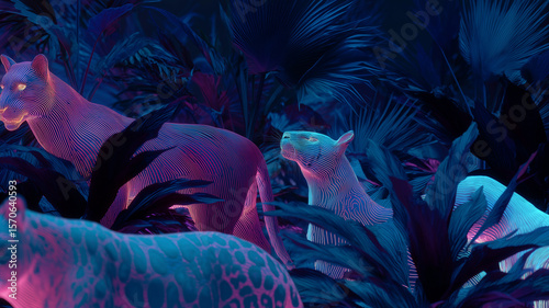 Neon Light Jungle Scene With Tropical Plants and Panther Figure
