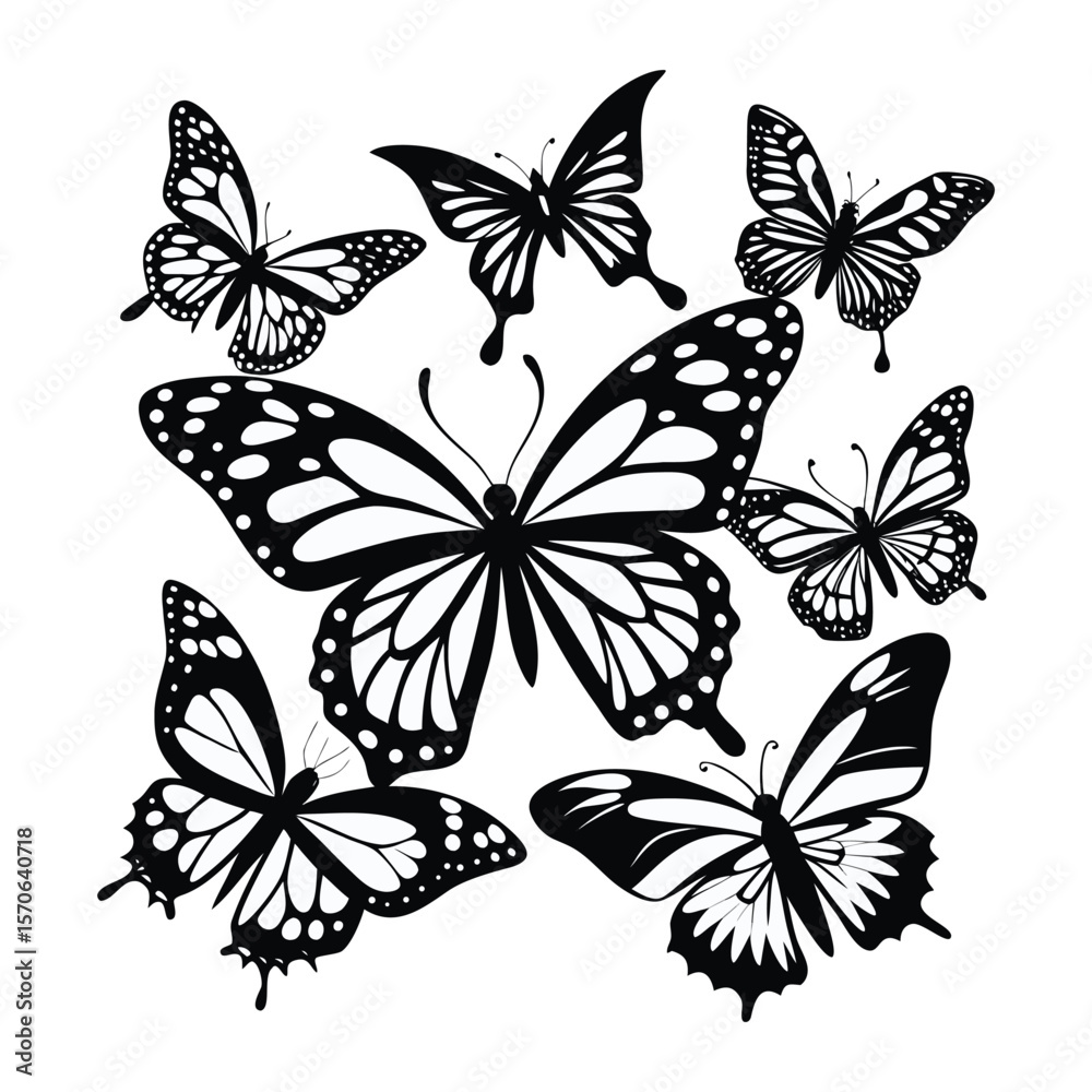 Fototapeta premium Monarch Butterfly Silhouette Collection – Vector Set on White Background