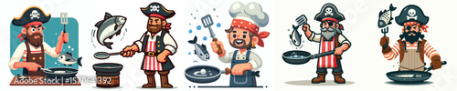Funny Pirate Chef Cooking Fish – Flat Vector Illustration of Buccaneer Frying Seafood