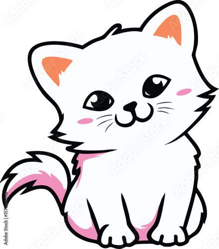 Adorable White Cartoon Kitten with Pink Accents.