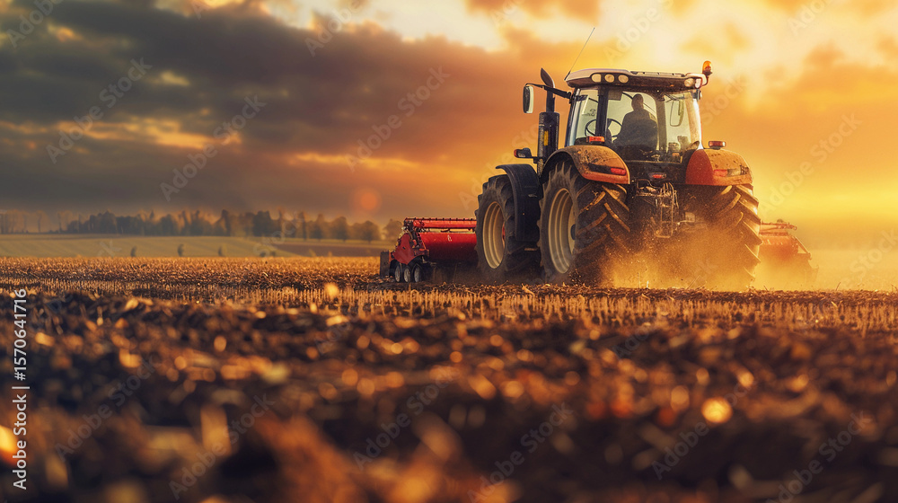 Fototapeta premium Vibrant Sunset Over a Farm Field with a Working Tractor