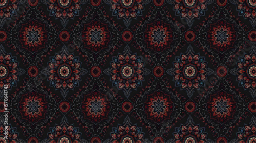 Seamless Indonesian batik pattern with intricate mandala-style floral motifs in rich red, blue, and black tones. The design blends traditional cultural elements with elegant symmetry and detailed
