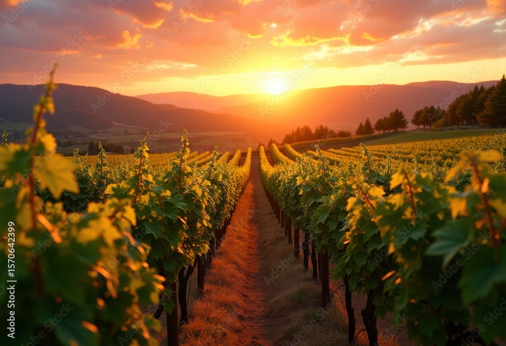 Fototapeta premium vibrant grapevine rows glowing sunset scenic view enveloped warm colors natural beauty, landscape, nature, scenery, light, field, horizon, grapes, sky