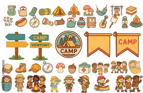 Collection isolated elements Colorful clipart png icon set of kids and summer camp with camping, compass , log , marshmallow ,dairy book , backpack , hiking shoes and accessories
