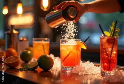 vibrant cocktail mixing colorful drinks stylish bar countertop fresh ingredients shaking shaker, glass, ice, fruit, liquor, spirits, lime, lemon, zest