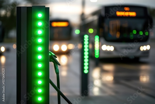 Green-lit electric charging station with bus approaching