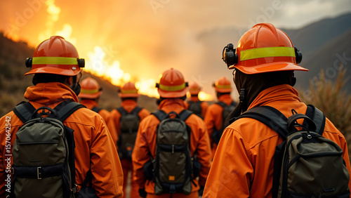 Firefighters stand in the middle of a wildfire they are trying to put out.