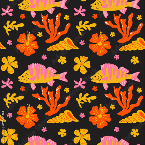 Tropical aesthetic, summer vacation vibes, holiday themed seamless vector pattern with cute groovy funky cartoon illustration of sea, ocean underwater shells, exotic fish, coral reef, seashell, flower