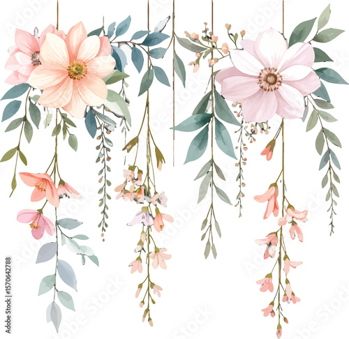 Soft watercolor hanging flowers and vines. Floral bouquet with soft pink and purple tones. Watercolor flowers with hanging vines and leaves. Artistic floral wreath with pastel flowers