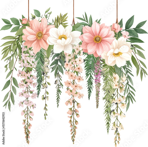 Floral hanging decor with soft pink blossoms. Elegant floral arrangement with cascading flowers. Pink flower garland with delicate green leaves. Watercolor floral draping in soft pink shades
