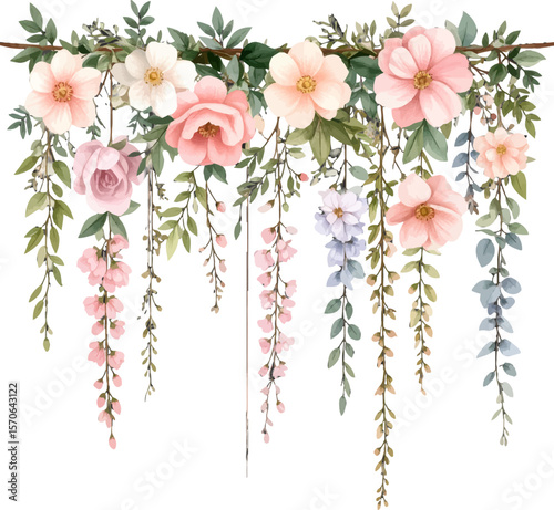 Colorful watercolor hanging flowers and vines. Floral decoration with cascading blossoms. Romantic watercolor flower wreath design. Pastel pink and purple flower hanging garland