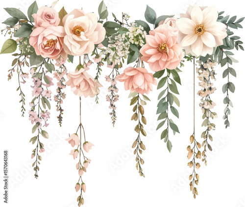 floral garland in soft pastel shades. Lovely hanging flowers with a delicate pastel palette. Dreamy soft pink flowers with cascading tendrils. Lush floral arrangement with soft, pastel-colored flowers