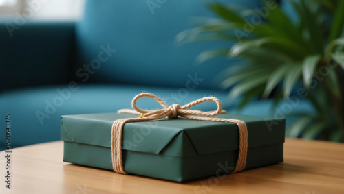 Single Dark Green Gift Box Tied with Jute Twine on Rustic Wooden Background