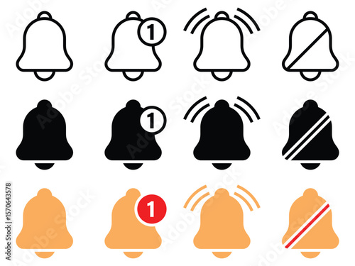 Notification Bell Icons Set. Alert, Mute, New Notification, and Active Ring Icons in Vector Format