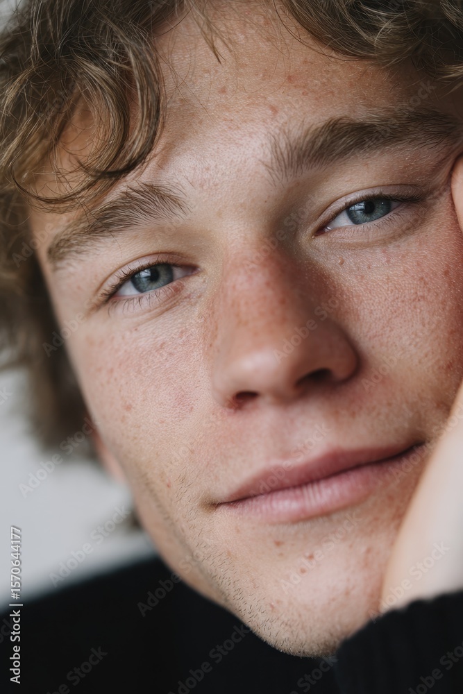 Fototapeta premium Teenager with acne relaxes while gazing thoughtfully in a cozy indoor setting during the afternoon. Acne Positivity Day