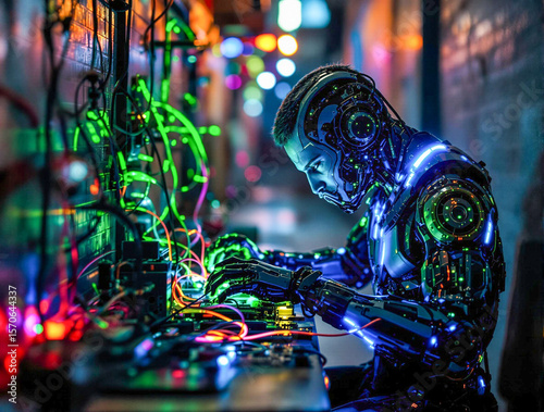 Cyberpunk Robot Hacker Immersed in Digital World