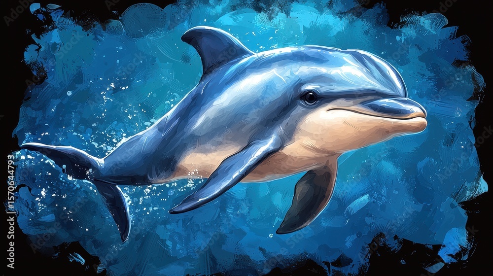 Naklejka premium A Dolphin Swimming Gracefully in Deep Blue Ocean Digital Illustration