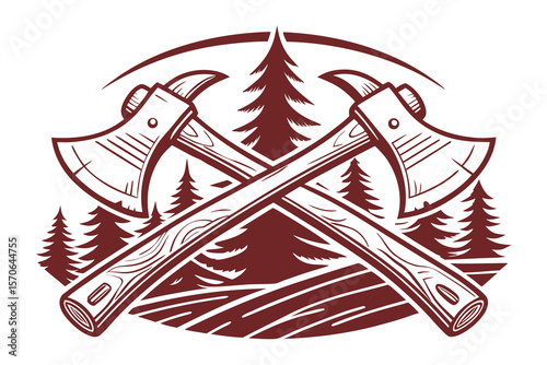   lumberjack logo, vintage lumberjack logo, lumberjack insignia, crossed axes, wood grain background, retro style, red and brown color palette, classic lumberjack emblem, detailed illustration