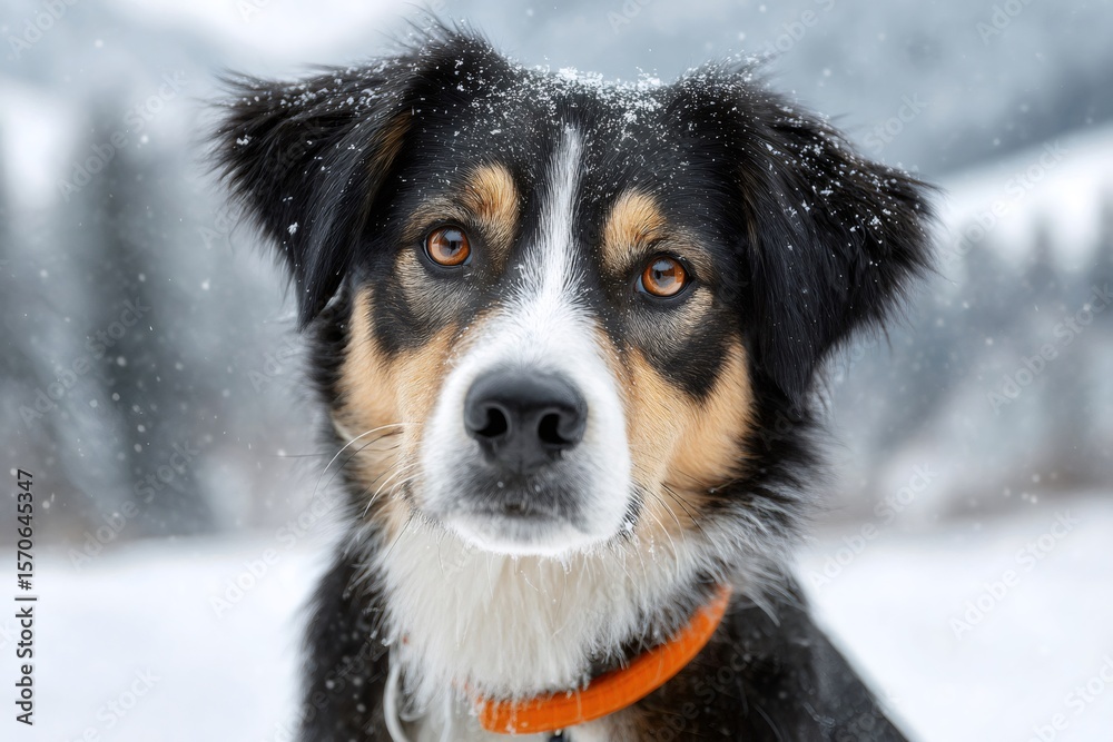 Portrait of dog looking at camera during snowfall in winter landscape Portrait of dog looking at camera during snowfall in winter landscape