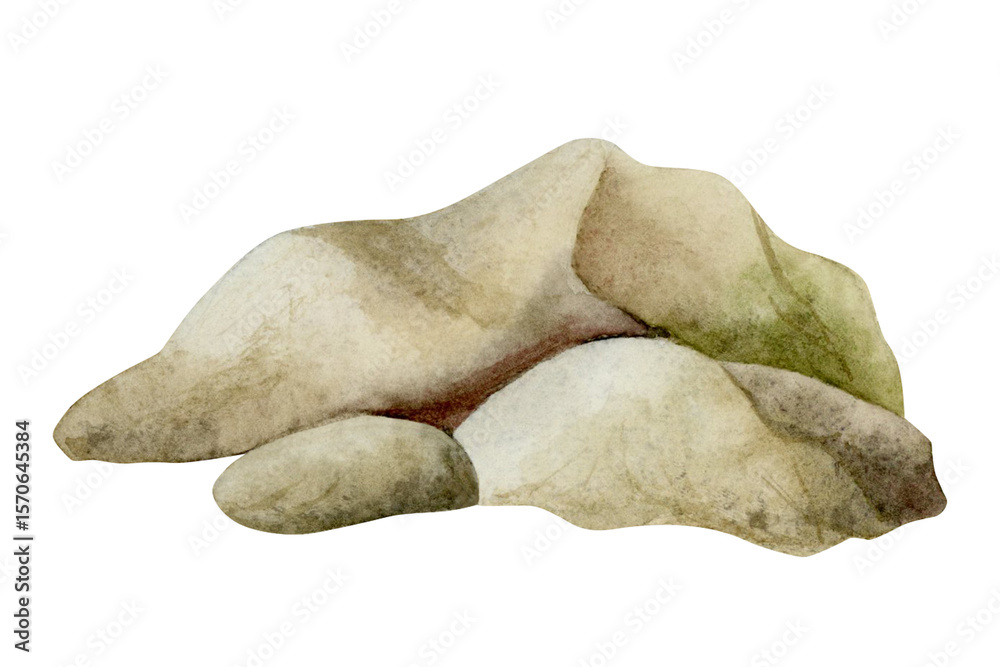 Obraz premium Brown rocks watercolor illustration isolated on white. Hand drawn stones monochrome clip art for nautical and marine designs, farm and countryside concepts and tourist summer travel brochures