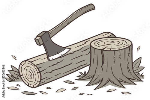 wooden log, wood chipper, tree stump, axe, wood shavings