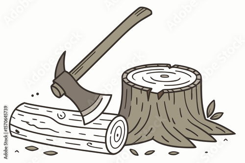 wooden log, wood chipper, tree stump, axe, wood shavings