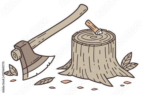 wooden log, wood chipper, tree stump, axe, wood shavings