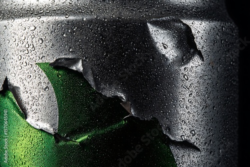 A recyclable aluminum can reveals textured surface with dents and partial cutout. Industrial imperfection merged with green innovation.