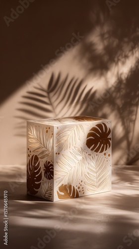 A recyclable skincare box in natural tones features leaf patterns glowing under soft studio light. Eco-luxury concept visualized for clean beauty, sustainable packaging, or brand transparency.