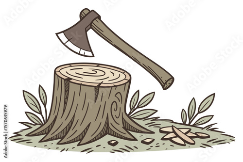 wooden log, wood chipper, tree stump, axe, wood shavings