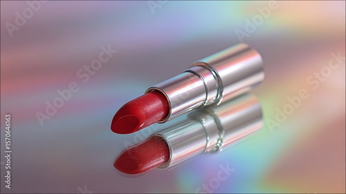 A red lipstick rests on mirrored surface beneath soft pastel gradient. Reflections shimmer like dreams. This is not just makeup  boldness caught in reflection , confidence framed in color. 