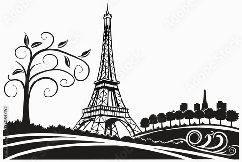   eiffel tower, ornate metal structure, detailed architectural design, french landmark, paris skyline, silhouette, simple yet elegant, black and white,