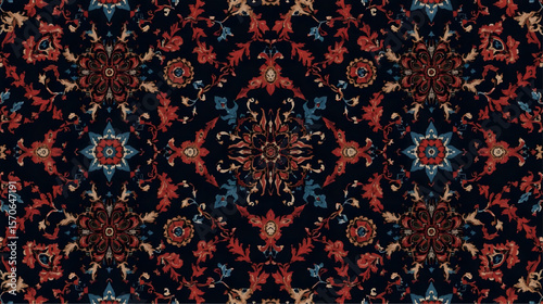 Seamless Indonesian batik pattern with intricate mandala-style floral motifs in rich red, blue, and black tones. The design blends traditional cultural elements with elegant symmetry and detailed