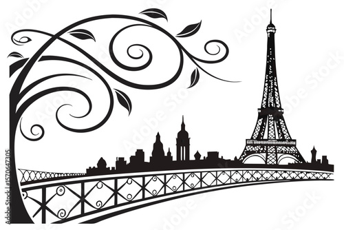   eiffel tower, ornate metal structure, detailed architectural design, french landmark, paris skyline, silhouette, simple yet elegant, black and white,